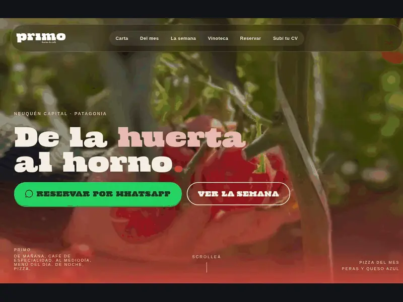 Recorrido por el sitio web de Primo, pizzería y café en Neuquén